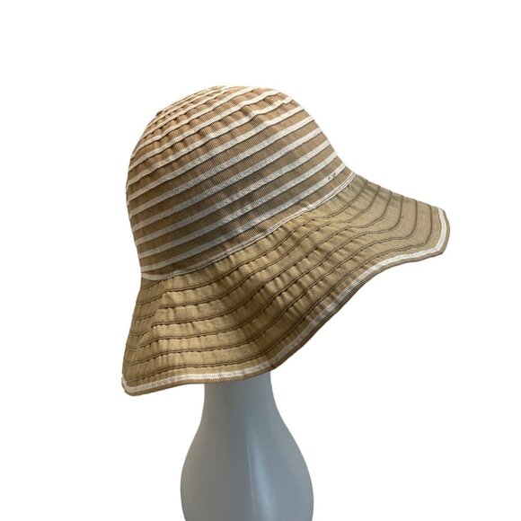 Wide Brim Beige Striped Sun Hat With Bow Accent For Women - One Size - Picture 2 of 7